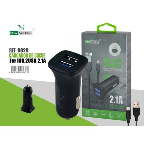 NEW SCIENCE CARGADOR COCHE IPHONE-2USB 2.1A CAR CHARGER PRETO REF: 0020 NEW SCIENCE CARGADOR COCHE IPHONE-2USB 2.1A CAR CHARGER PRETO REF: 0020